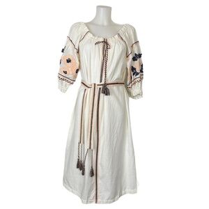 Oysho Cream Boho Midi Tunic Dress with Black and Peach Embroidery
